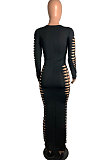 Sky Blue Women Sexy Pure Color Long Sleeve Hollow Out Mid Waist Round Collar Long Dress NYP013-3