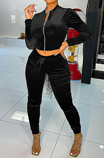 Black Wholesale Velvet Long Sleeve With Pocket Zip Coat Pencil Pants Sport Sets LML268-3