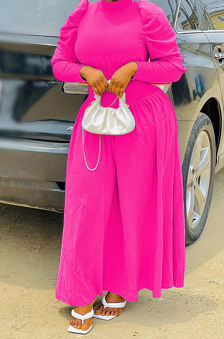 Rose Red Women Fashion Casual Tight Solid Color High Collar Pullover Collect Waist Puff Sleeve Long Dress MR2124-5