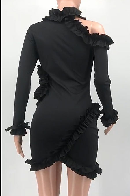 Black Wholesale Sexy Ruffle Side  Long Sleeve Off Shoulder Slim Fitting Mini Dress KY3095-3