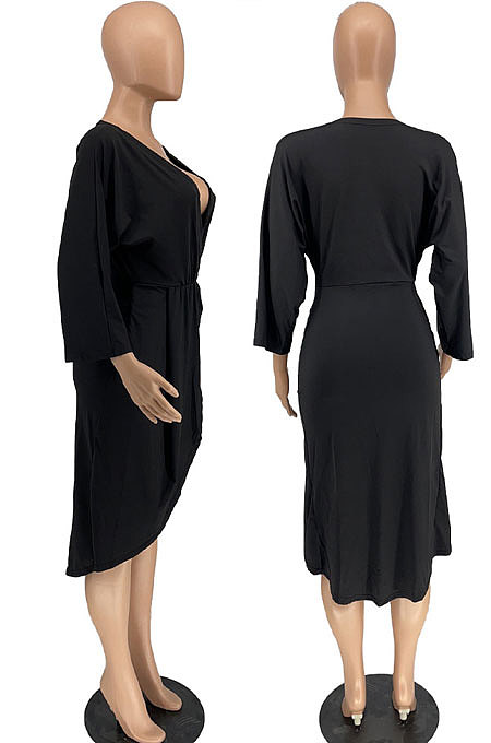Army Green Cotton Blend Sexy Long Sleeve Deep V Collar Ruffle Slit Dress AMX6060-2