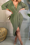 Black Cotton Blend Sexy Long Sleeve Deep V Collar Ruffle Slit Dress AMX6060-1