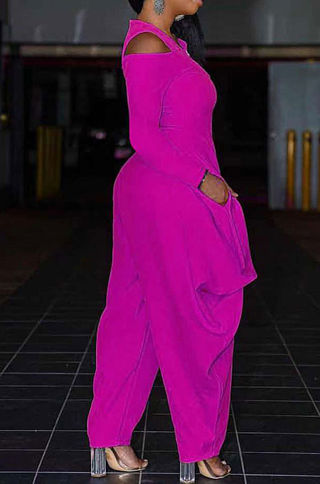 Orange Modest  Newest Long Sleeve Off Shoulder Zip Front Loose Solid Color Jumpsuits AMX6057-1