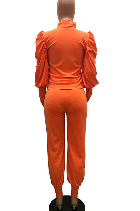 Rose Red Women Fashion Solid Color Puff Sleeve Zipper High Waist Pants Sets MR2120-3