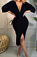 Black Cotton Blend Sexy Long Sleeve Deep V Collar Ruffle Slit Dress AMX6060-1