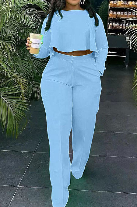 Sky Blue Fashion Wholesale Long Sleeve Irregularity Tops Wide Leg Pants Slim Fitting Sets D8454-2