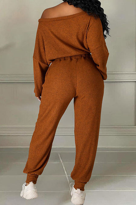 Peacock Blue Cotton Blend A Wrod Shoulder Long Sleeve T Shirts Sweat Pants Sets HHM6528-4