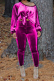 Gray Women Long Sleeve Round Collar Korea Velvet Solid Color Sexy Long Pants Sets MR2123-3