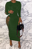Army Green Women Sexy Pure Color Long Sleeve Hollow Out Mid Waist Round Collar Long Dress NYP013-4