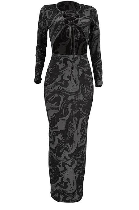 Light Blue Women Long Sleeve Fashion Printing Bandage Hollow Out Skinny Bodycon Long Dress HZF57819-1