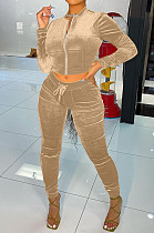 Khaki Wholesale Velvet Long Sleeve With Pocket Zip Coat Pencil Pants Sport Sets LML268-1