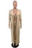 Champagne Wholesale Elegant Long Sleeve Cardigan Cape+Strapless Loose Flare Pants Three Piece HMR6081