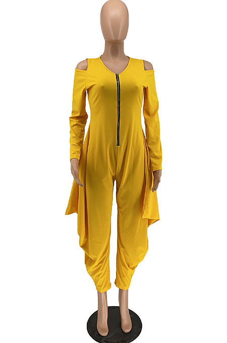 Orange Modest  Newest Long Sleeve Off Shoulder Zip Front Loose Solid Color Jumpsuits AMX6057-1