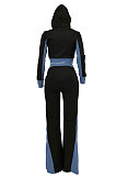 Blue Euramerican Sexy Hooded Zipper Spliced Flare Leg Pants Sets HZF57820