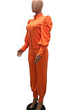 Orange Women Fashion Solid Color Puff Sleeve Zipper High Waist Pants Sets MR2120-1