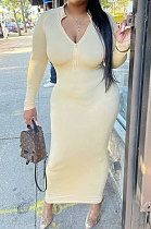 Yellow Wholesale Autumn Winter Long Sleeve Zip Front Slim Fitting Long Dress E8615-2