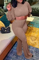 Kahki Autumn Winter Woolen Knitting Lantern Sleeve Round Neck Crop Tops High Waist Flare Pants Sollid Color Sets LML270-4