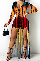 Red Cotton Blend Print Long Sleeve V Neck Zip Back Slim Fitting Slit Jumpsuits JH275-1