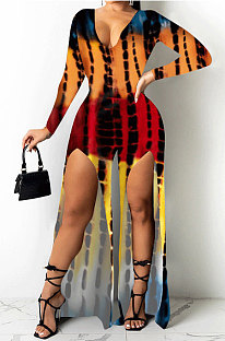 Red Cotton Blend Print Long Sleeve V Neck Zip Back Slim Fitting Slit Jumpsuits JH275-1