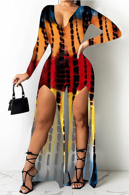 Red Cotton Blend Print Long Sleeve V Neck Zip Back Slim Fitting Slit Jumpsuits JH275-1