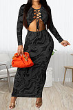 Multicolor Women Long Sleeve Fashion Printing Bandage Hollow Out Skinny Bodycon Long Dress HZF57819-3
