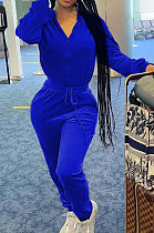 Blue Casual Newest Velvet Long Sleeve Stand Neck Zip Front Collcet Waist Drawsting Jumpsuits LY047-3