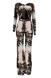 Tiger Pattern Women Sexy Trendy Long Sleeve Hollow Out Printing Pants Sets  HZF57822
