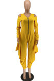 Yellow Modest  Newest Long Sleeve Off Shoulder Zip Front Loose Solid Color Jumpsuits AMX6057-2