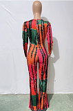 Pink Cotton Blend Print Long Sleeve V Neck Zip Back Slim Fitting Slit Jumpsuits JH275-2