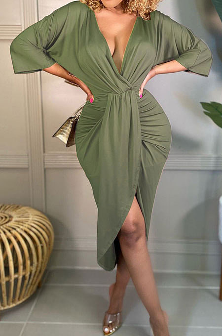 Army Green Cotton Blend Sexy Long Sleeve Deep V Collar Ruffle Slit Dress AMX6060-2