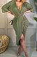 Army Green Cotton Blend Sexy Long Sleeve Deep V Collar Ruffle Slit Dress AMX6060-2