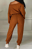 White Cotton Blend A Wrod Shoulder Long Sleeve T Shirts Sweat Pants Sets HHM6528-1