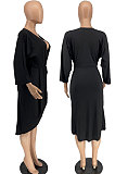 Black Cotton Blend Sexy Long Sleeve Deep V Collar Ruffle Slit Dress AMX6060-1