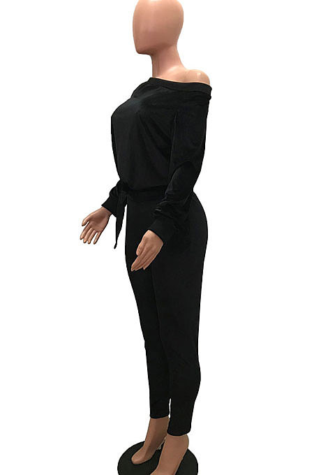 Black Women Long Sleeve Round Collar Korea Velvet Solid Color Sexy Long Pants Sets MR2123-1
