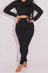 Black Women Fashion Pure Color Ribber Long Sleeve Pants Sets YSH86270-2