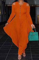 Orange Modest  Newest Long Sleeve Off Shoulder Zip Front Loose Solid Color Jumpsuits AMX6057-1
