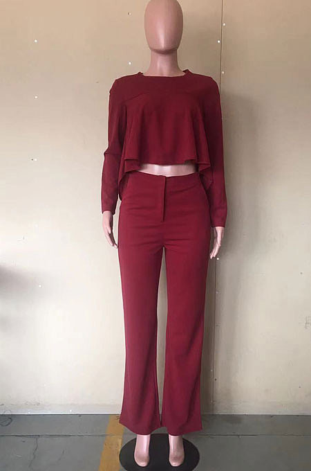 Purple Fashion Wholesale Long Sleeve Irregularity Tops Wide Leg Pants Slim Fitting Sets D8454-5