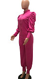 Blue Women Fashion Solid Color Puff Sleeve Zipper High Waist Pants Sets MR2120-4