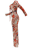 Multicolor Women Long Sleeve Fashion Printing Bandage Hollow Out Skinny Bodycon Long Dress HZF57819-3
