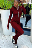 Blue Women Solid Color Long Sleeve Zipper Ruffle Pants Mid Waist Bodycon Jumpsuits AA5281-2