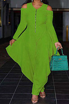 Green Modest  Newest Long Sleeve Off Shoulder Zip Front Loose Solid Color Jumpsuits AMX6057-5