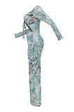 Multicolor Women Long Sleeve Fashion Printing Bandage Hollow Out Skinny Bodycon Long Dress HZF57819-3