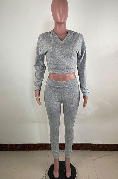 Gray Women Hooded Pure Color Casual Bodycon Pants Sets ABL6695-1