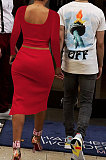 White Fashion Long Sleeve Square Neck Bodycon Tops High Waist Slit Skirts Sexy Sets LM88816-3
