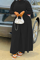 Black Women Fashion Casual Tight Solid Color High Collar Pullover Collect Waist Puff Sleeve Long Dress MR2124-1