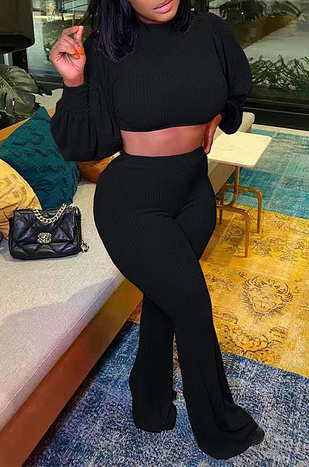 Orange Autumn Winter Woolen Knitting Lantern Sleeve Round Neck Crop Tops High Waist Flare Pants Sollid Color Sets LML270-2