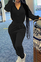 Black Casual Newest Velvet Long Sleeve Stand Neck Zip Front Collcet Waist Drawsting Jumpsuits LY047-5