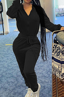 Black Casual Newest Velvet Long Sleeve Stand Neck Zip Front Collcet Waist Drawsting Jumpsuits LY047-5