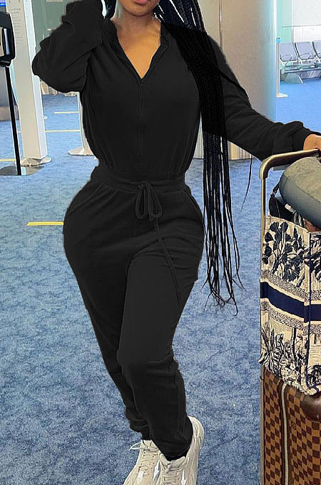 Black Casual Newest Velvet Long Sleeve Stand Neck Zip Front Collcet Waist Drawsting Jumpsuits LY047-5