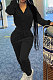 Black Casual Newest Velvet Long Sleeve Stand Neck Zip Front Collcet Waist Drawsting Jumpsuits LY047-5